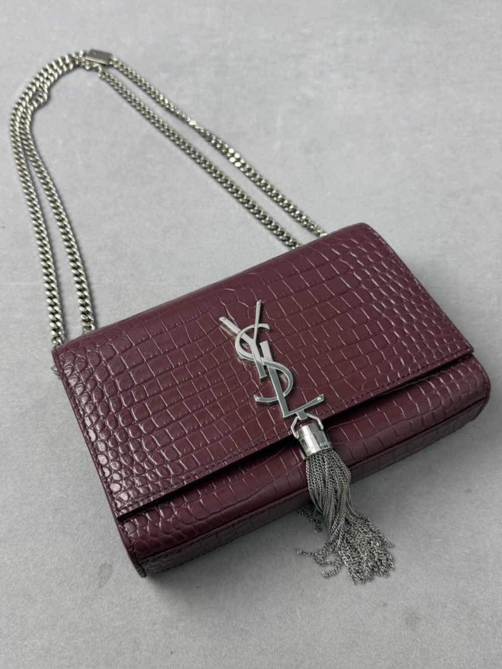 Authentic Saint Laurent Burgundy Croc-Embossed Leather Chain Shoulder Bag